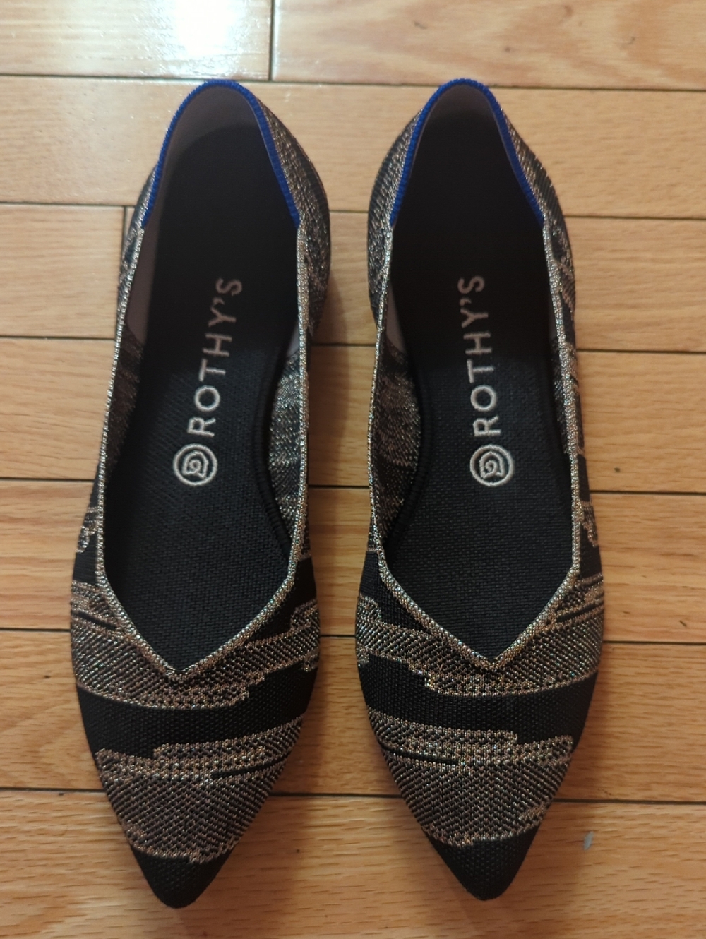 Rothy's Black and Gold Pointed Knit Flats
